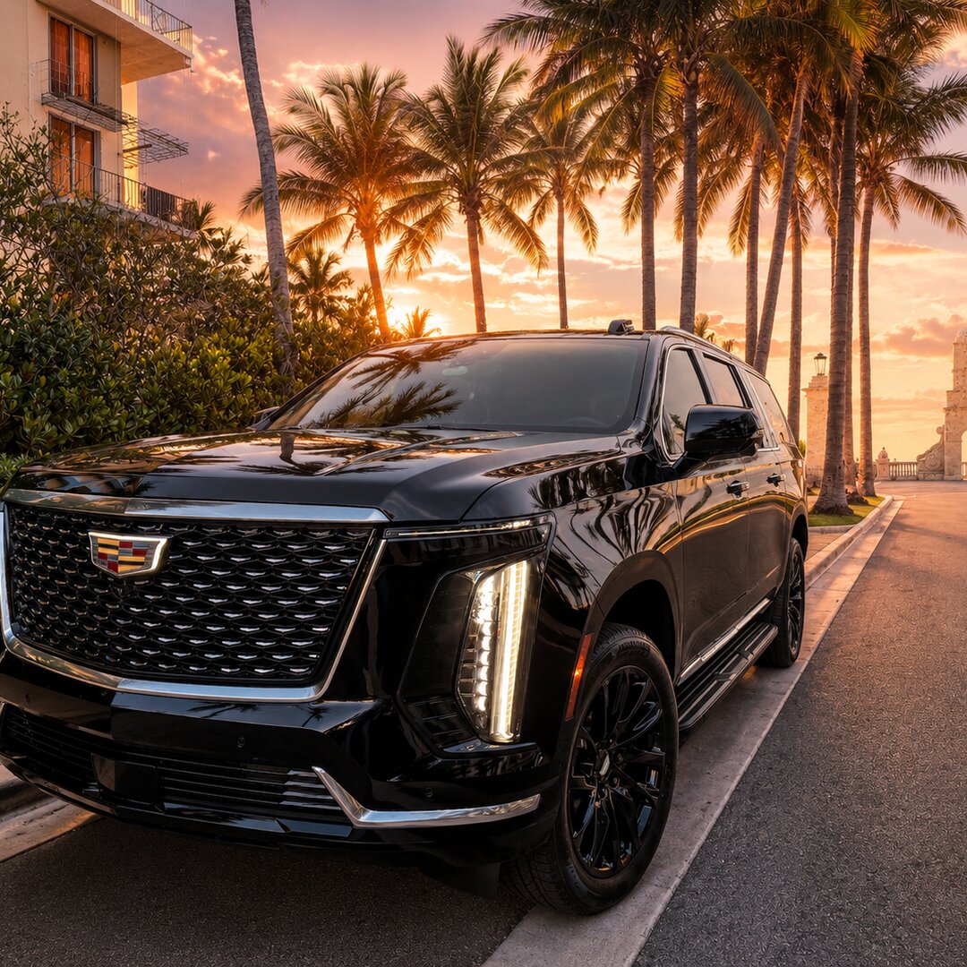 Cadillac Escalade on a palm-lined street at sunset