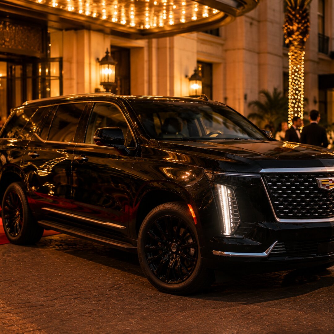 Cadillac Escalade at a luxury hotel entrance
