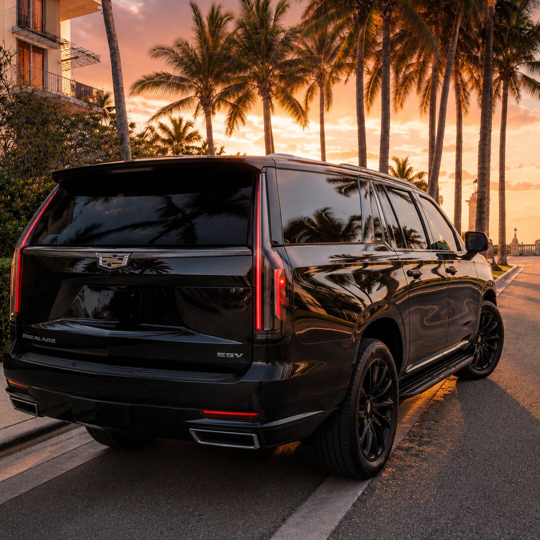 Cadillac Escalade rear three-quarter at sunset