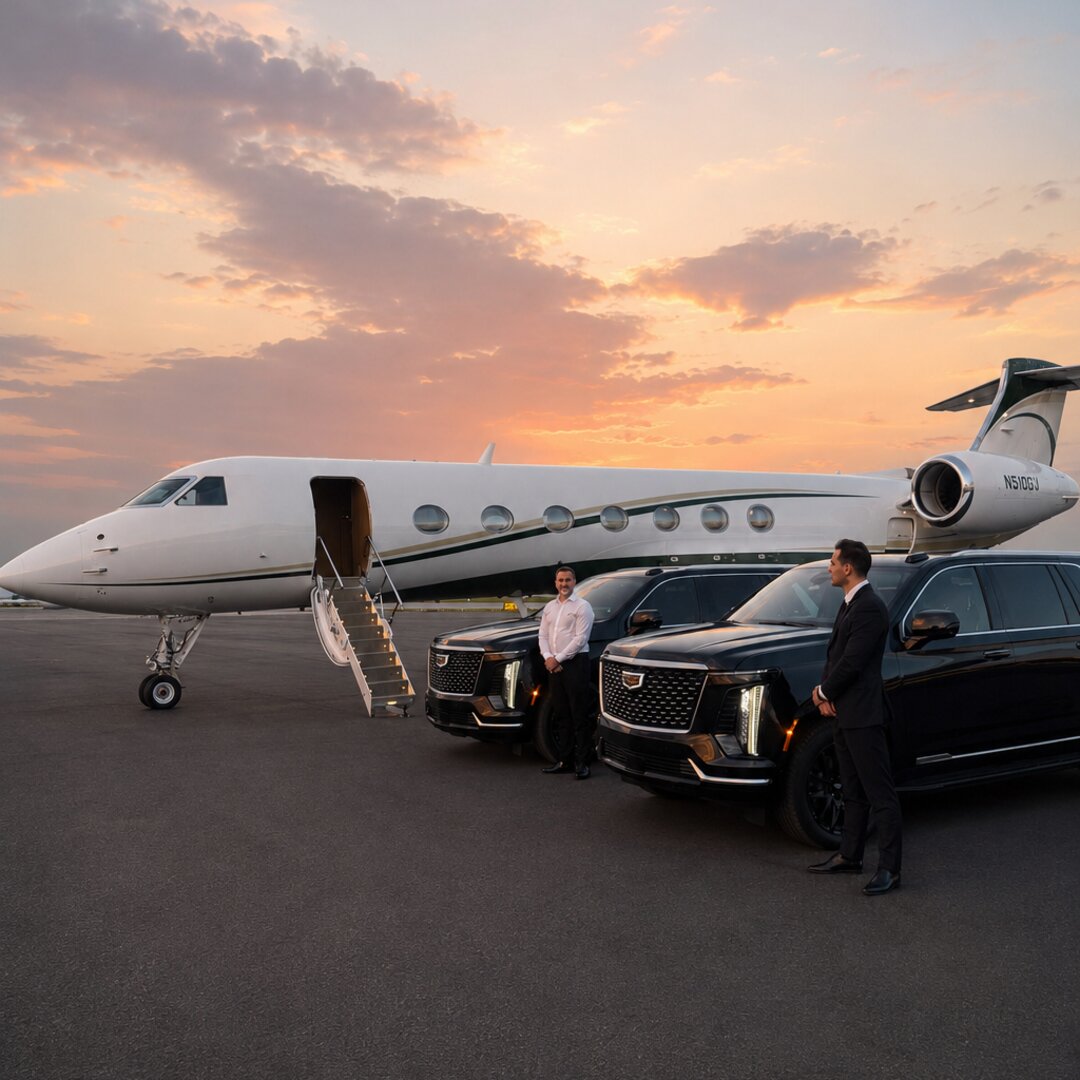 Two Cadillac Escalades with chauffeurs beside a private jet